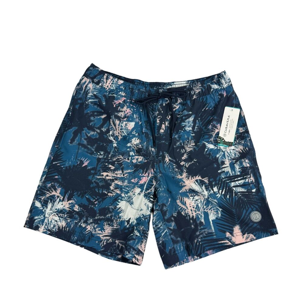 Cubavera Mens Stretch Palm Print 7" Polyester Blend Swim Trunks Blue M